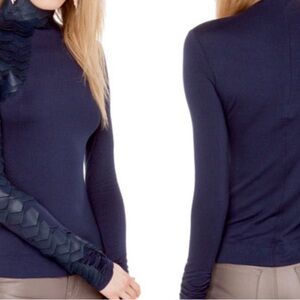 Gracia Navy Long Sleeve Top with Textured Sleeve